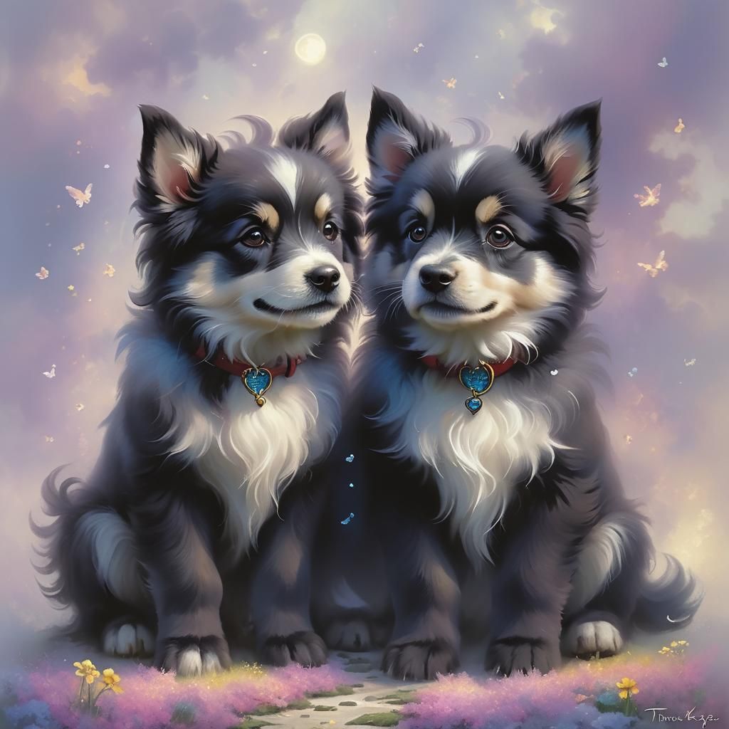 Happy Puppies in Ethereal Fantasy Landscape