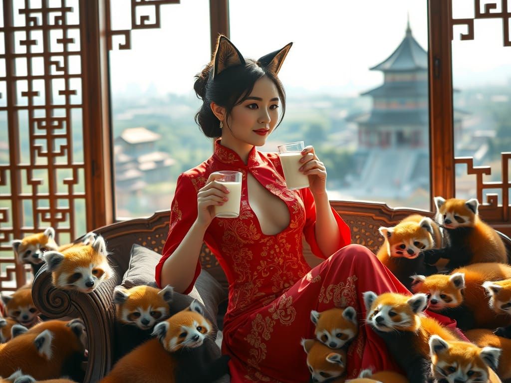 Chinese Cat-Woman Lounges in Beijing, Teak Wood Style