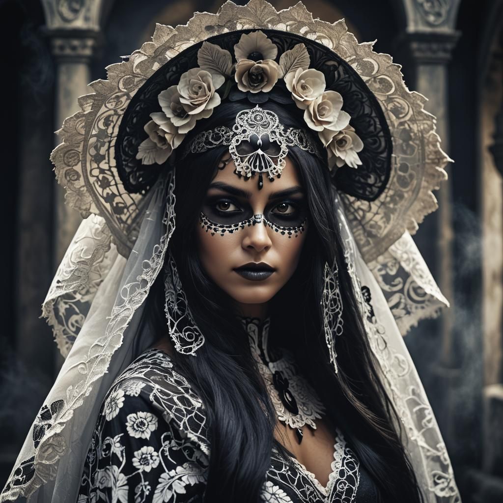 Brazilian Woman in Catrina Costume, Dark Fantasy Portrait