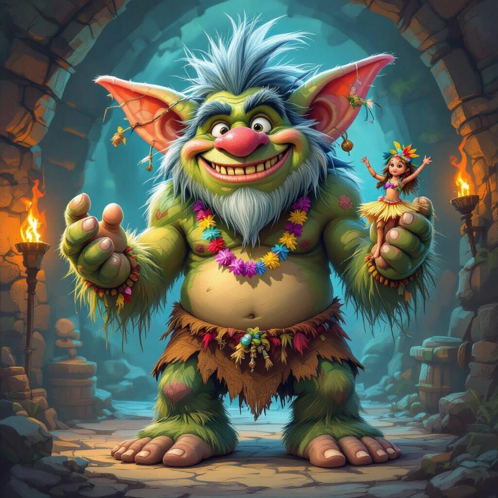 Giant Troll Holds Hula Dancer in Torchlit Dungeon