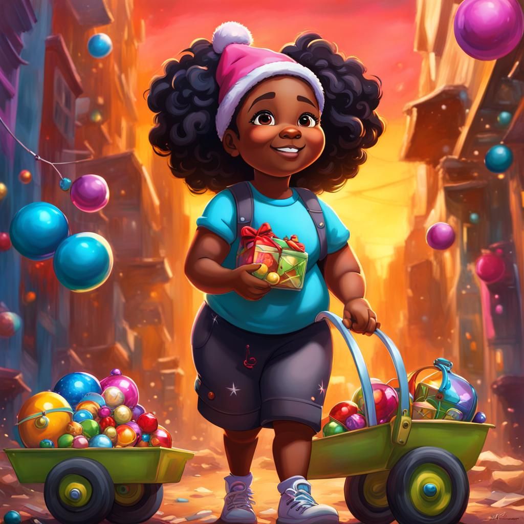 Festive Graffiti Art: Girl with Christmas Toy Wagon