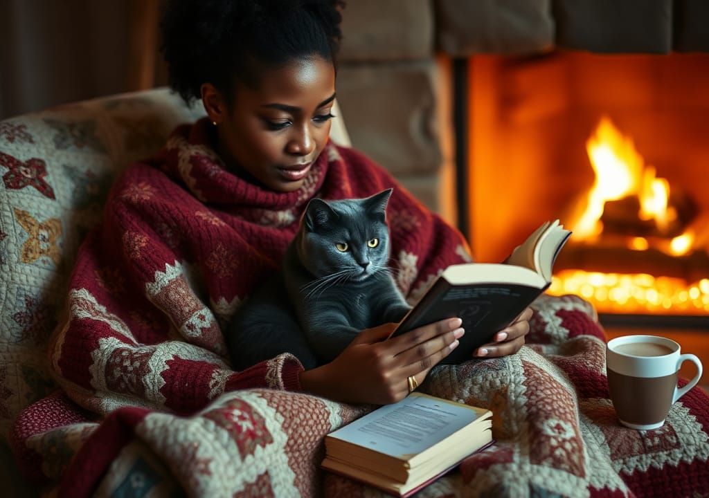 Cozy Woman Reading with Cat by Fireplace