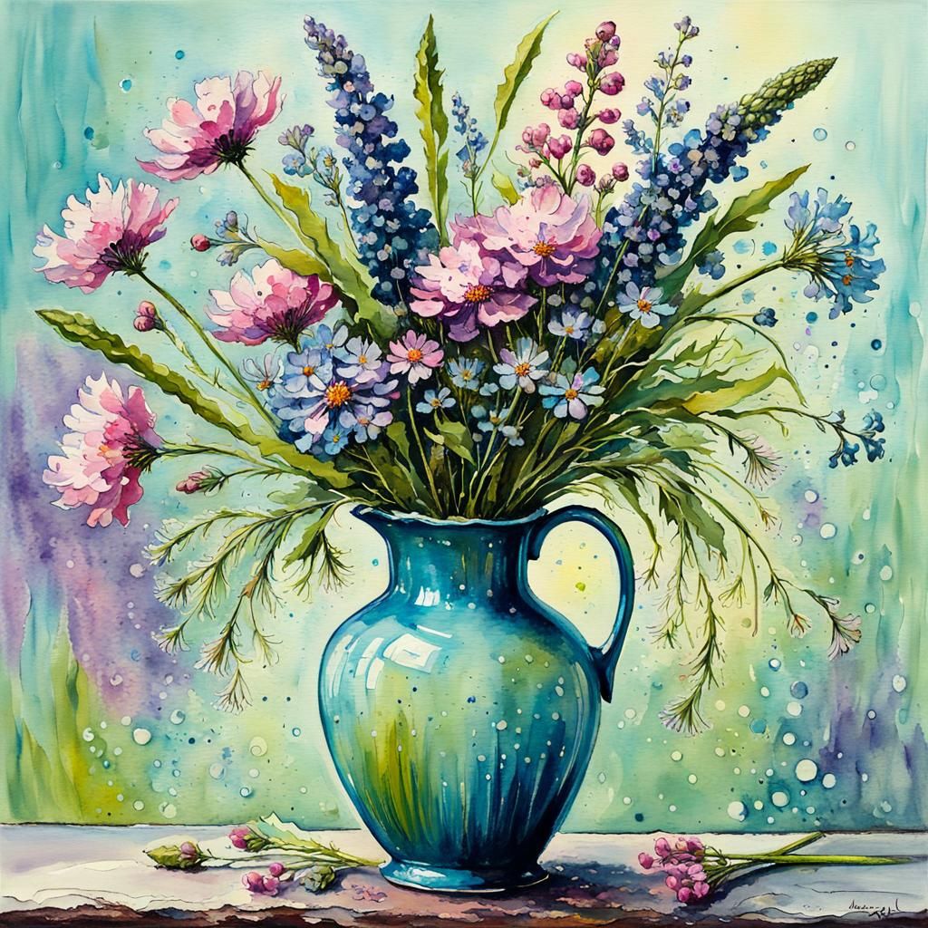 Wildflower Still Life in Liquid Ink Watercolor