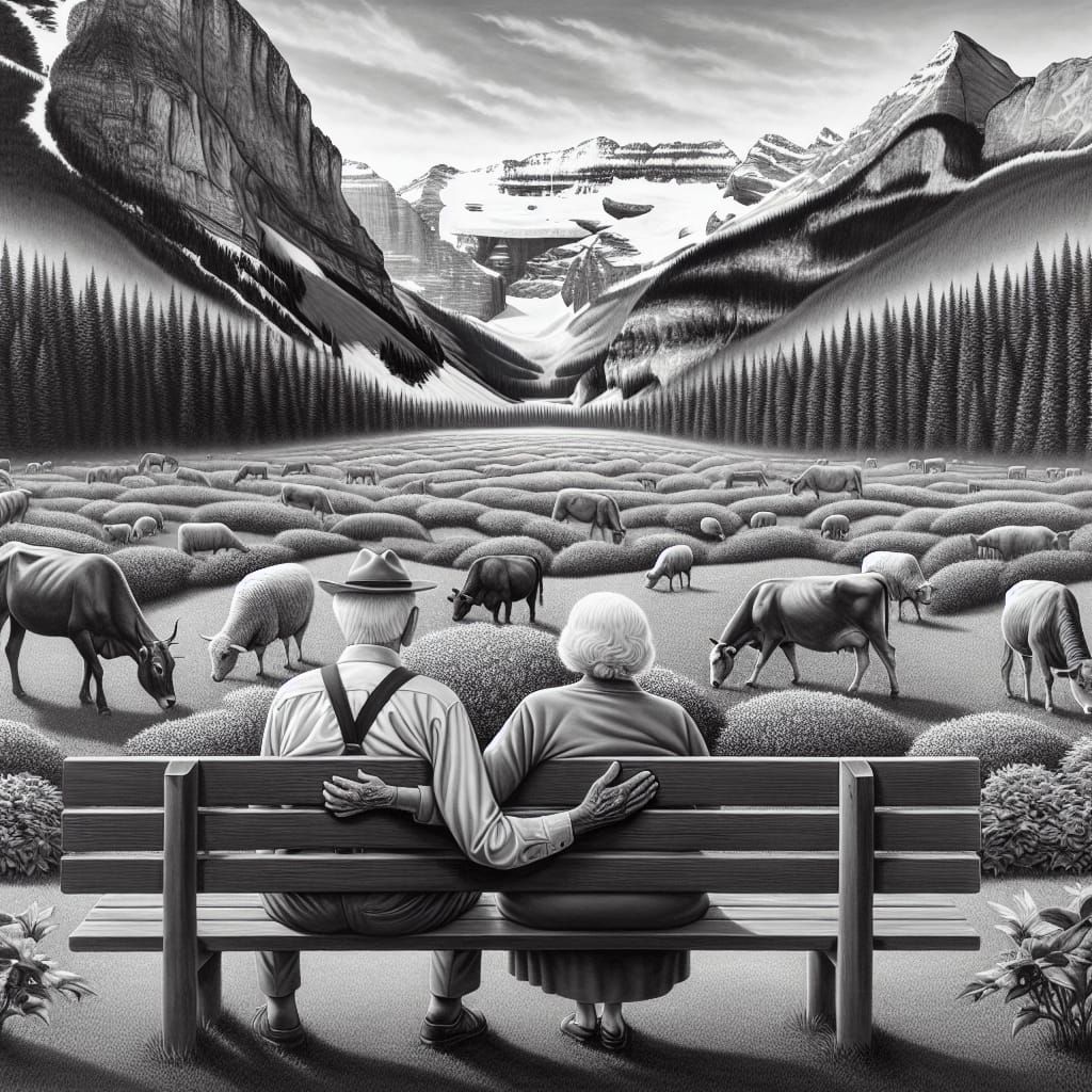 Monochromatic Landscape: Elderly Couple Admiring Valley View