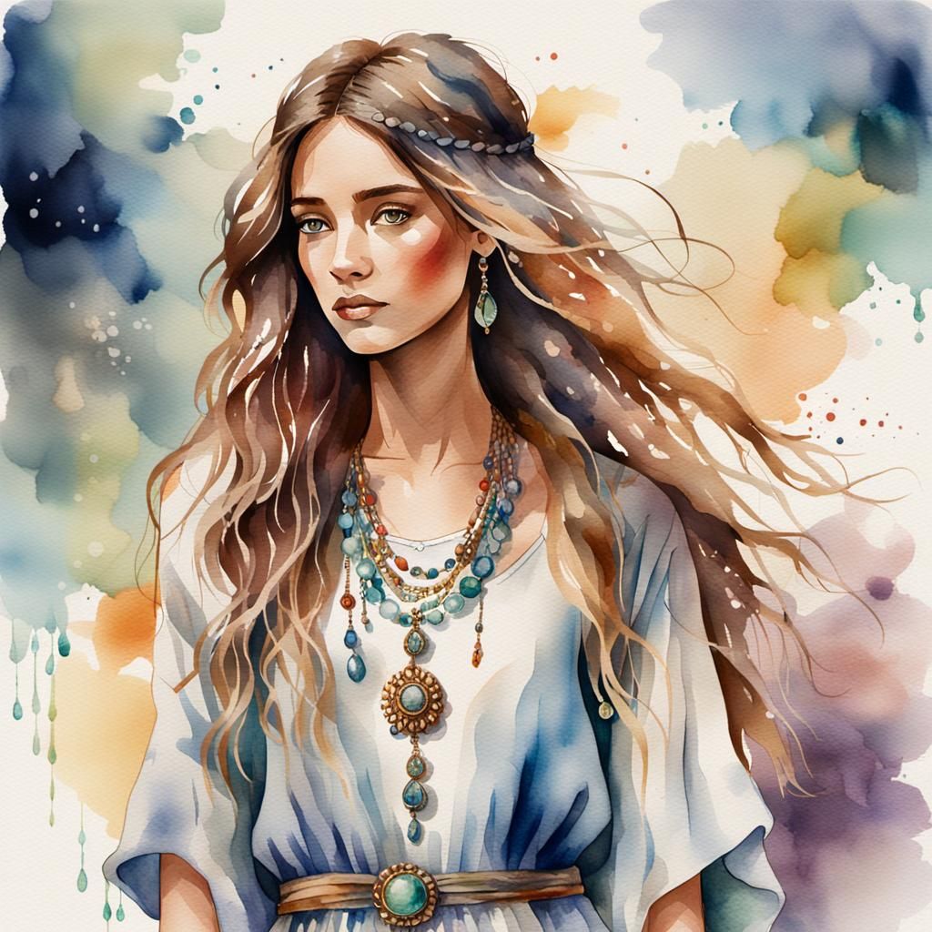Watercolor Bohemian Woman with Linen Dress