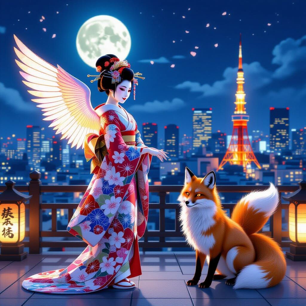 Geisha Dance on Moonlit Terrace with Fiery Fox