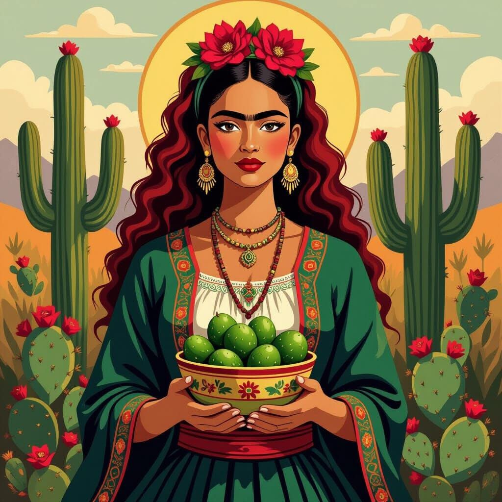 Southwest Goddess with Cacti, Kahlo Style