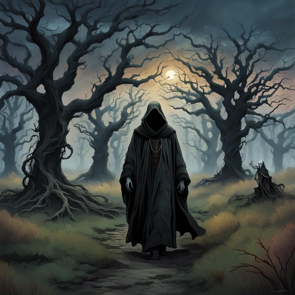 Barren Meadow with Ghosts in Dark Fantasy Style