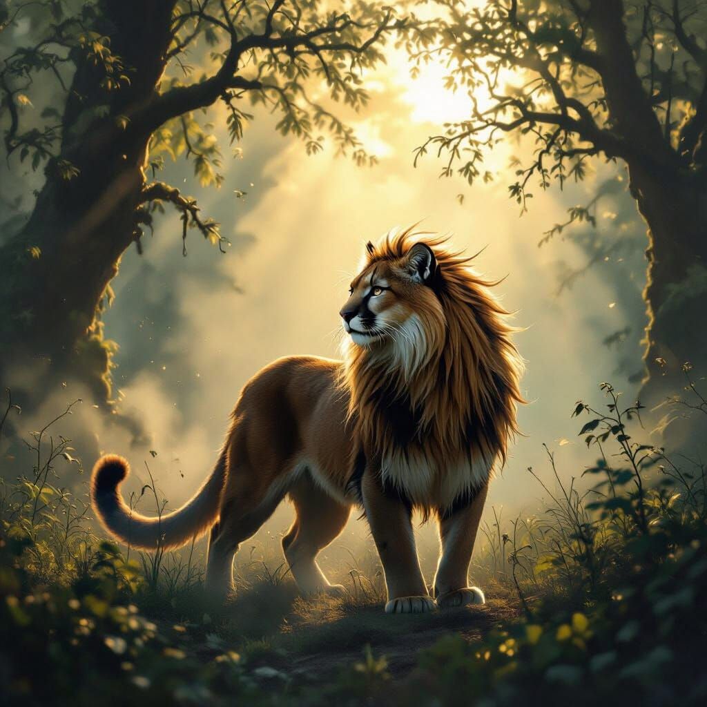 Cougar with Lion's Mane in Misty Forest at Dawn