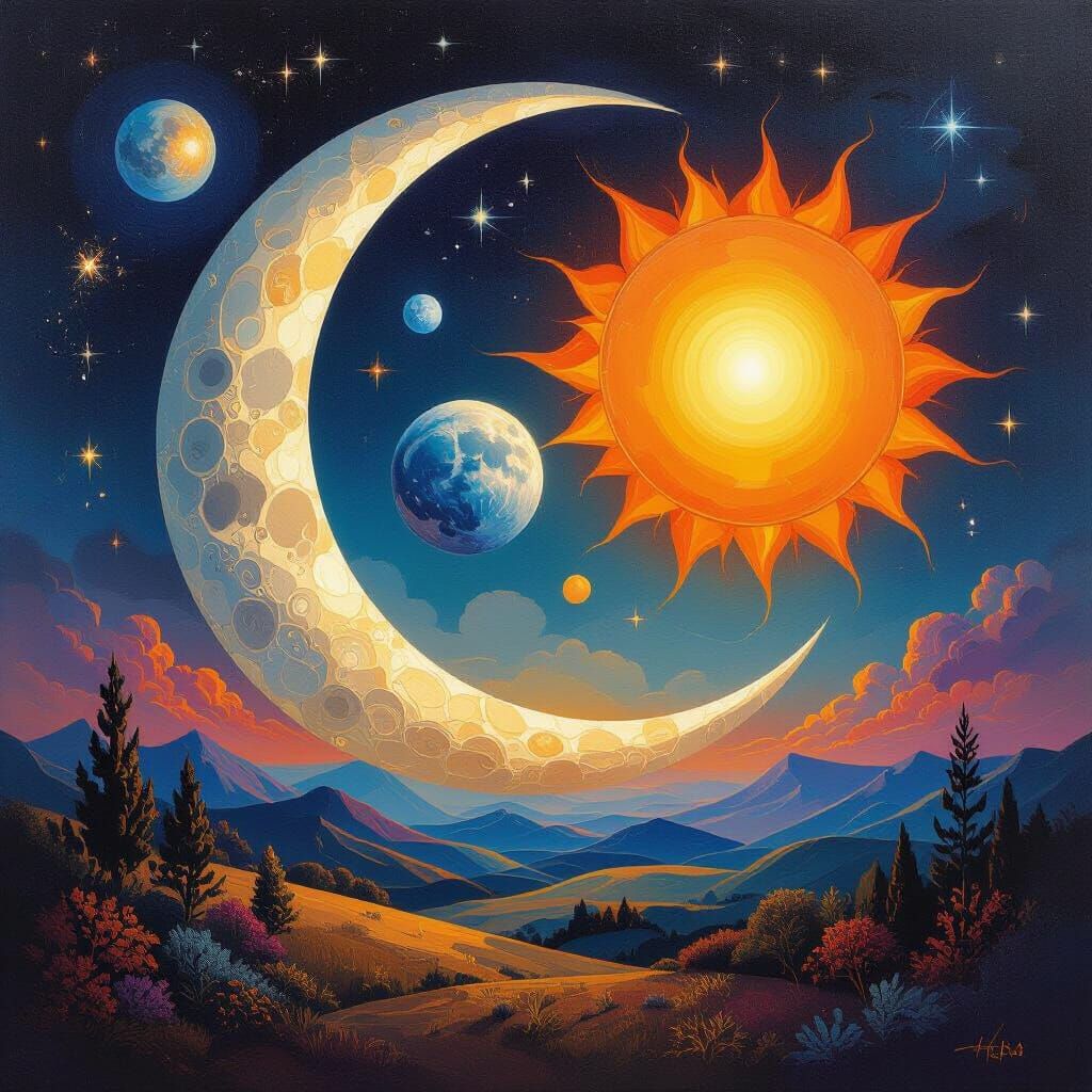 Surrealist Cosmic Dance of Moon, Sun, and World