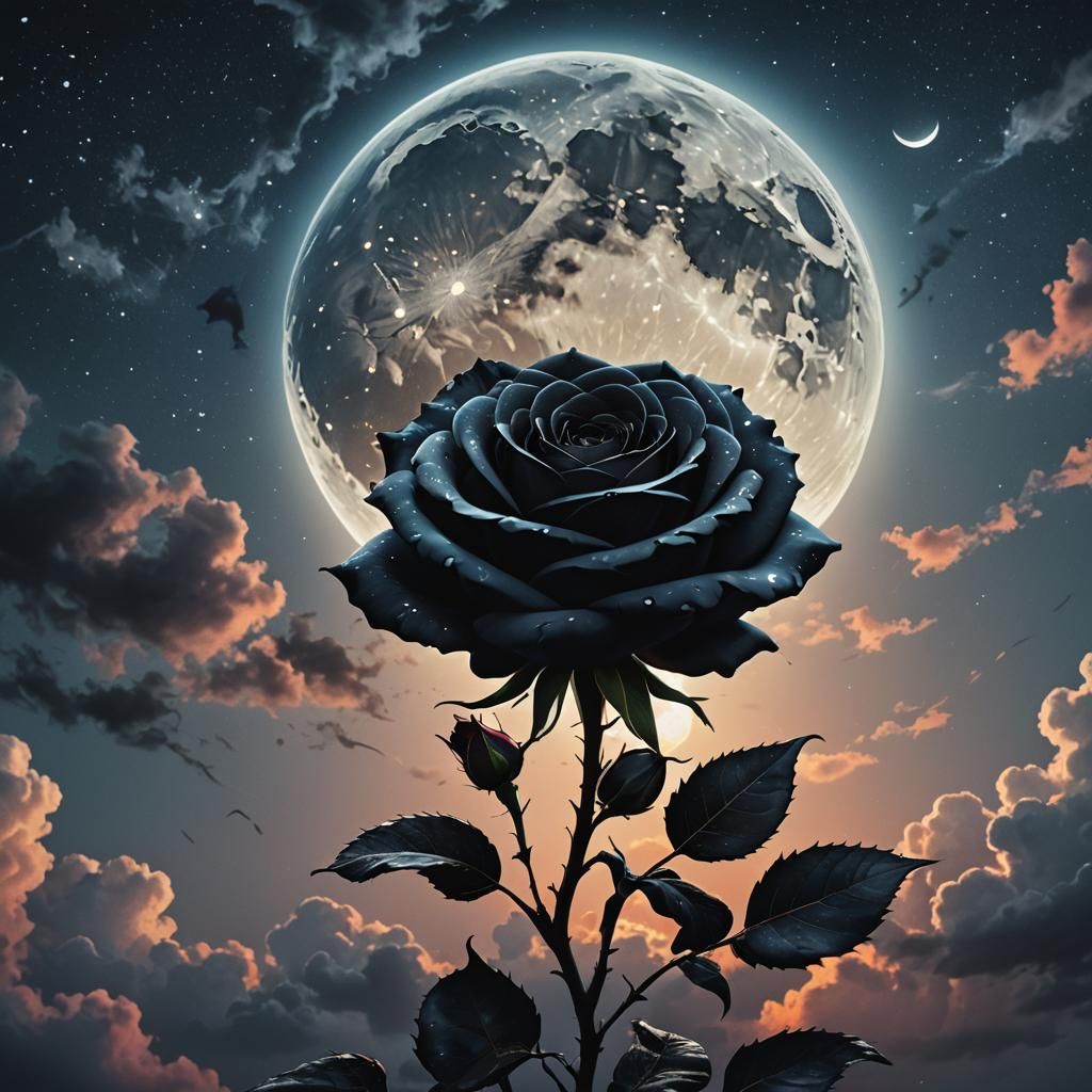 Dramatic Black Rose with Heart Moon, Hyperrealistic Art