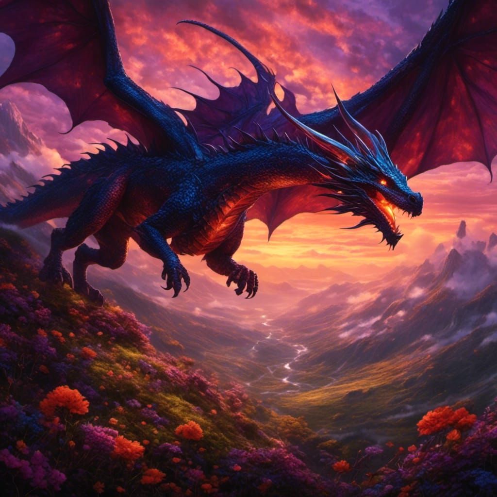 Glittery Dragon Soaring Through Sundown Sky