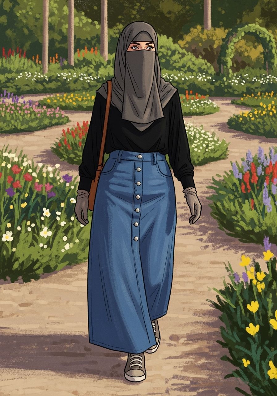 Hijabi Woman in Botanic Garden, Semi-Realistic Painterly Sty...