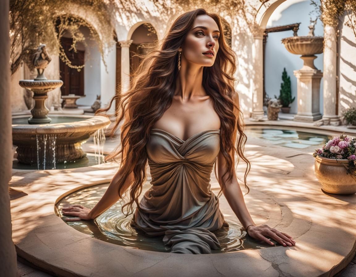 Sensual Woman in Greek Courtyard: Artstation Masterpiece
