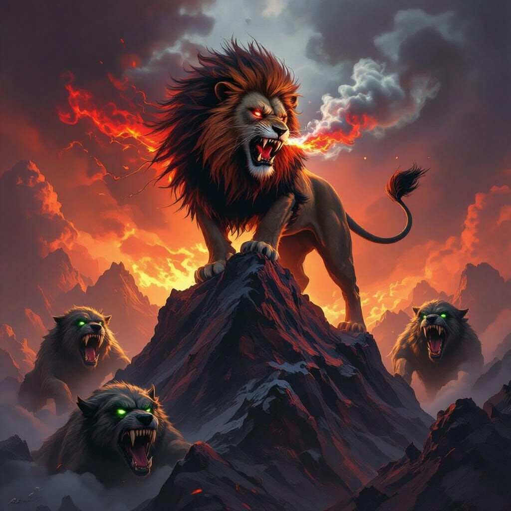Fierce Lion With Fire Breath Fights Monstrous Hounds