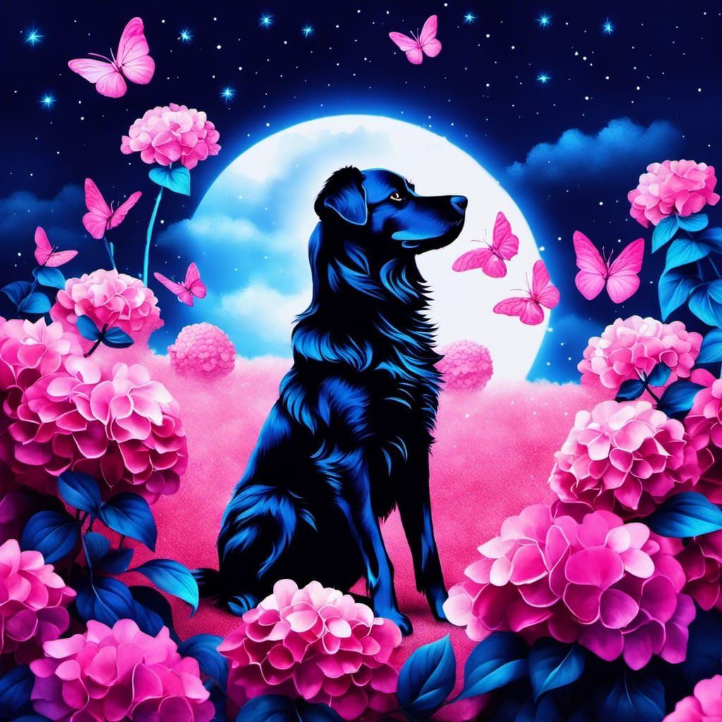 Hydrangea Dog Under Ethereal Sky: Hyperrealistic Neon Art