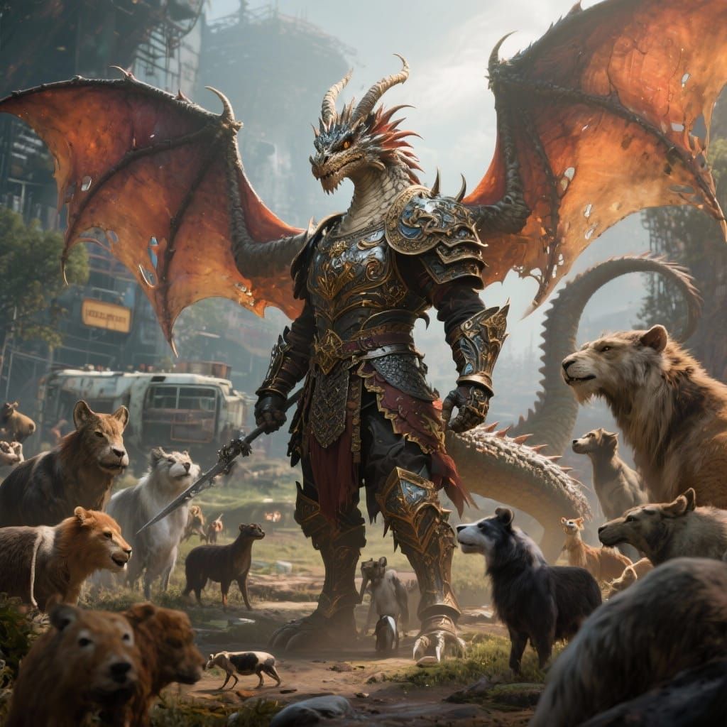 Dragon in Armor with Animals, Epic 3D Render