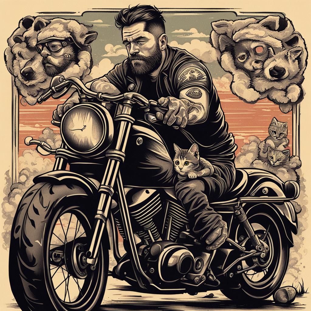 Motorcycle Rider with Kitten Tattoo