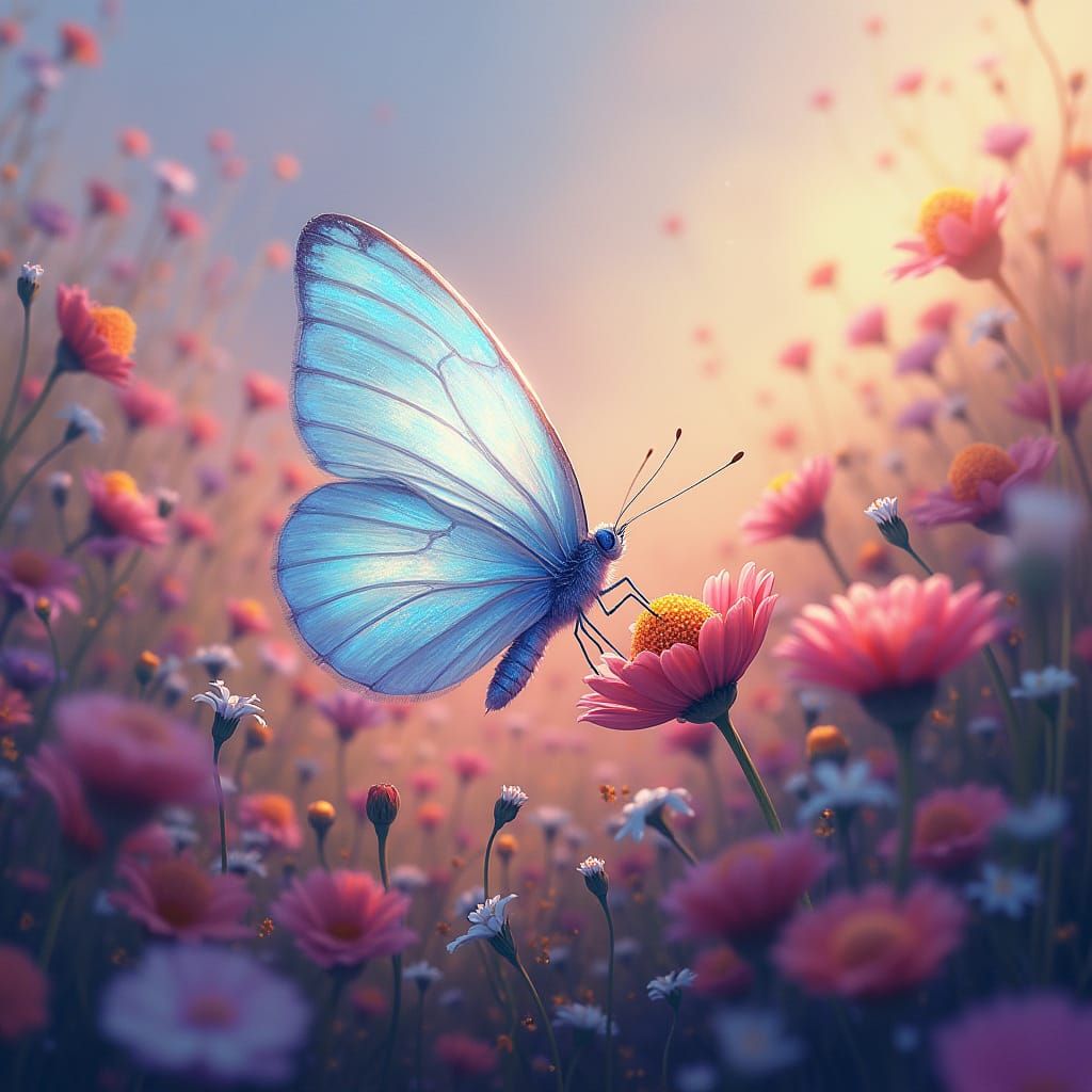 Whimsical White Butterfly Lands on Vibrant Floral Field