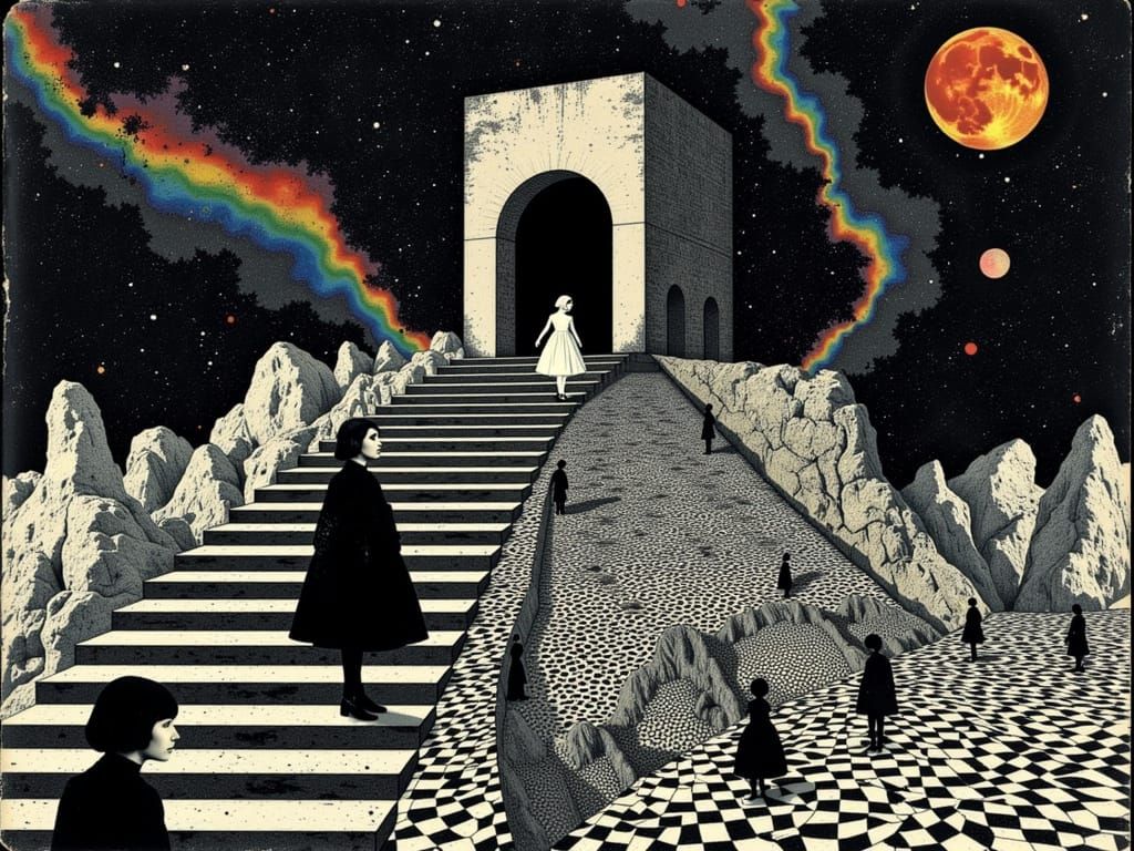 Alice, Neo, and the Escher Staircase in Pop Art