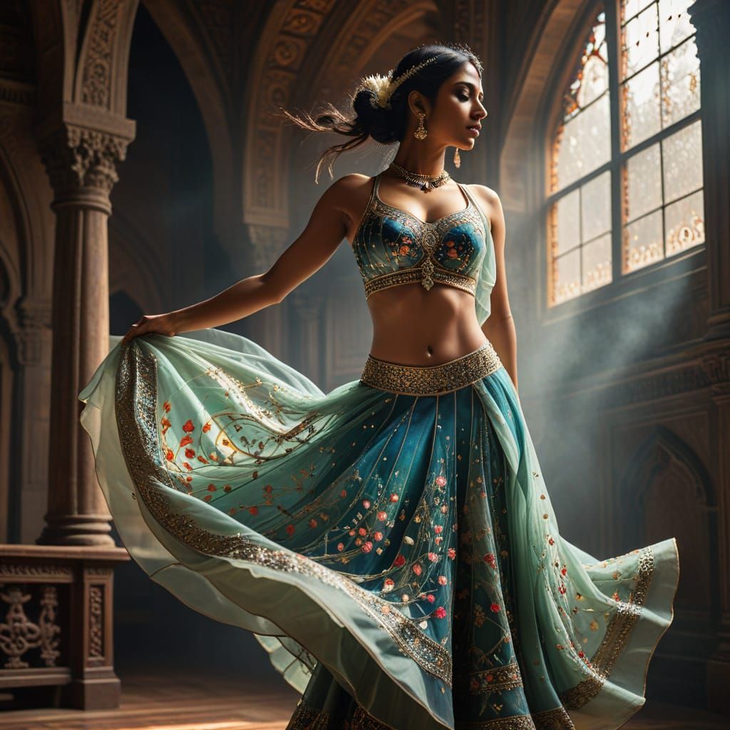 Ethereal dancer captivating time in a celestial courtroom