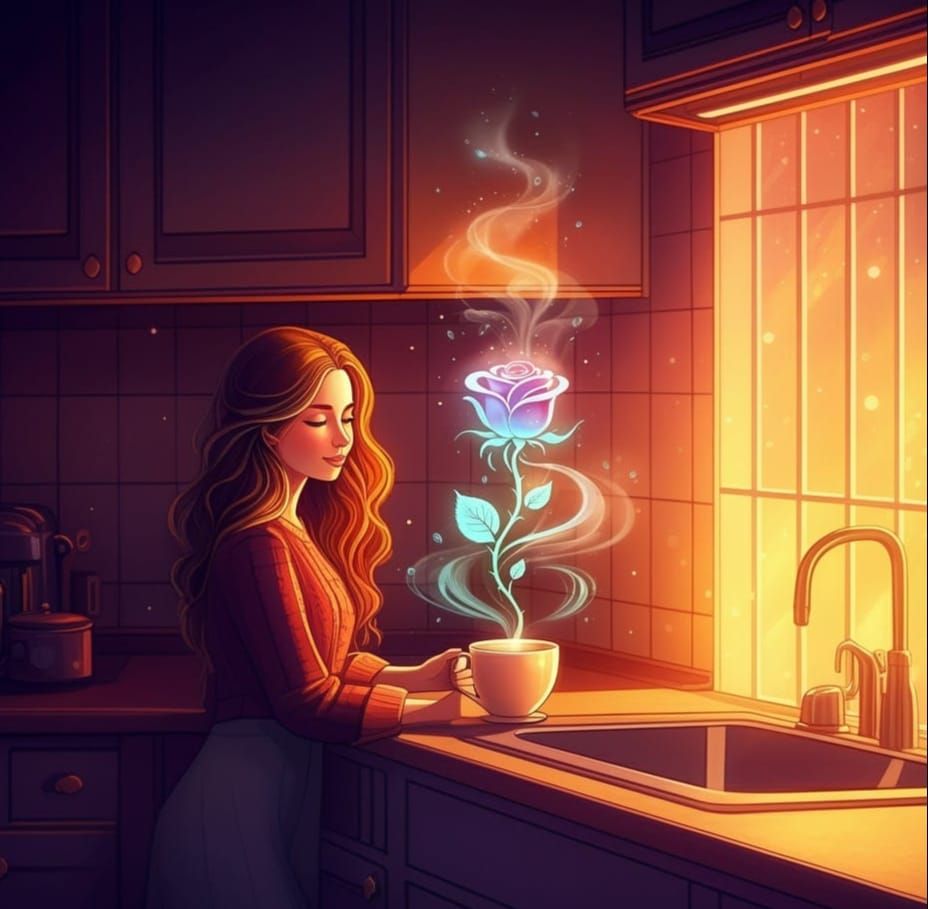 Coffee Steam Rose in Cozy Kitchen Digital Art