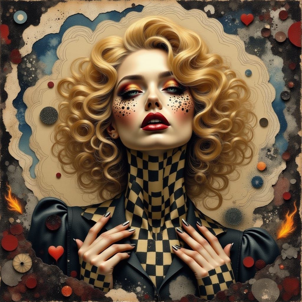 Surreal Woman with Swirling Checkerboard Face