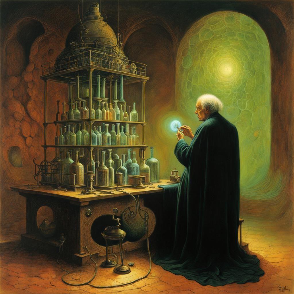 Scientist Engrossed in Experiment Inspired by Beksinski