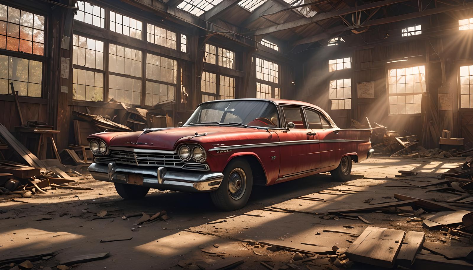 Red 1958 Plymouth Fury in Abandoned Warehouse