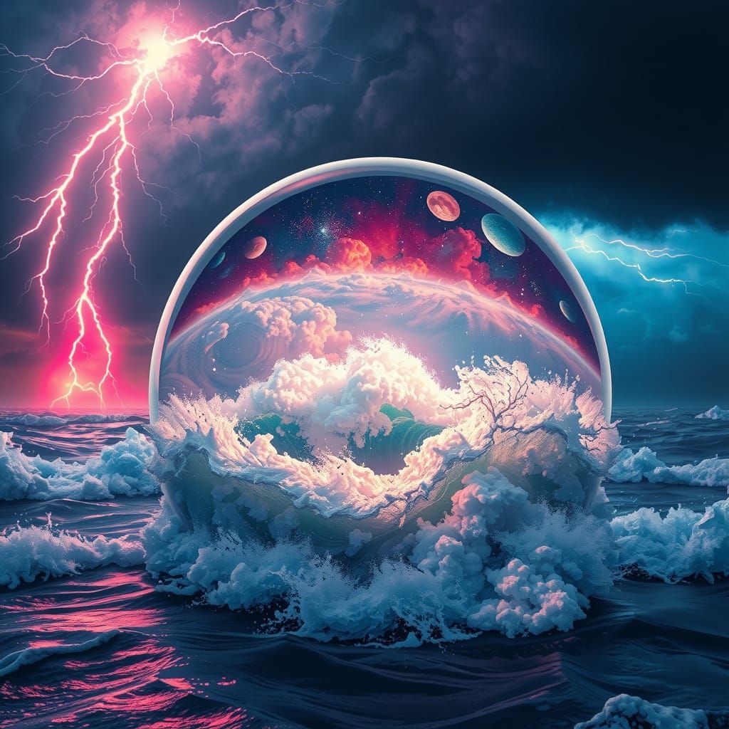 Ethereal Glass Sphere Encasing a Turbulent Seascape