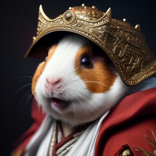 A photo realistic anthropomorphic Buddha guinea pig wearing a white mage robe from Final Fantasy Hyperrealistic, splash ...