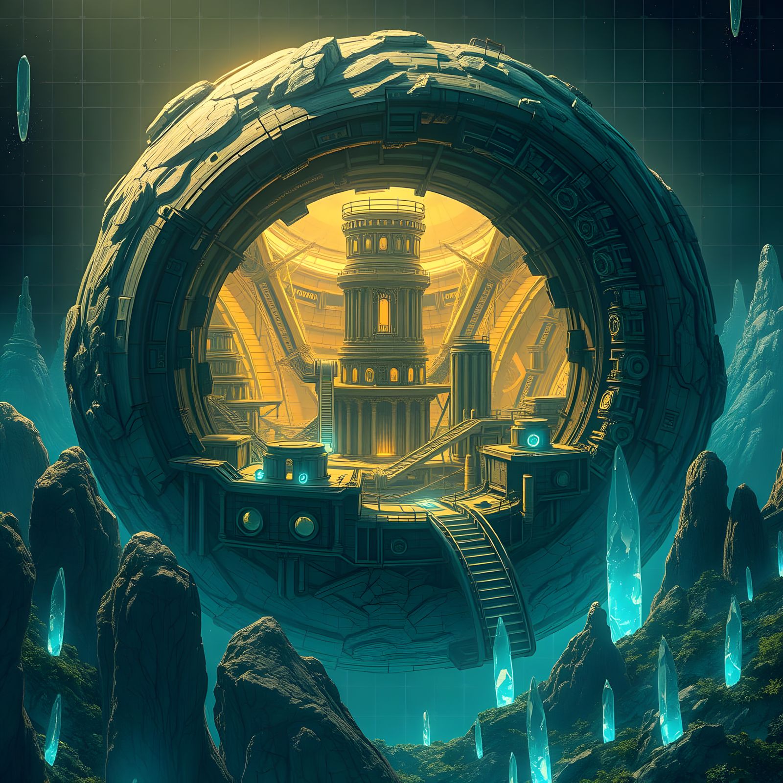 Detailed Asteroid Terraforming Facility in Blueprint Style