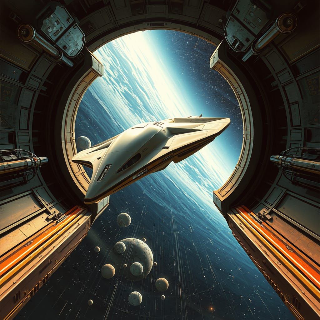 Gorgeous Spaceship Cruises Through Futuristic Gate in Cosmic...