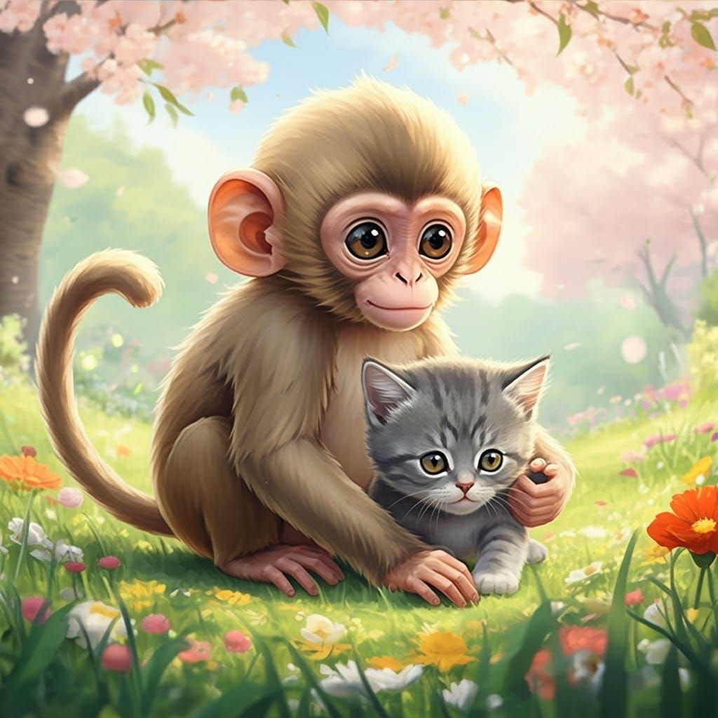 Anime-Style Baby Monkey and Kitten in Meadow