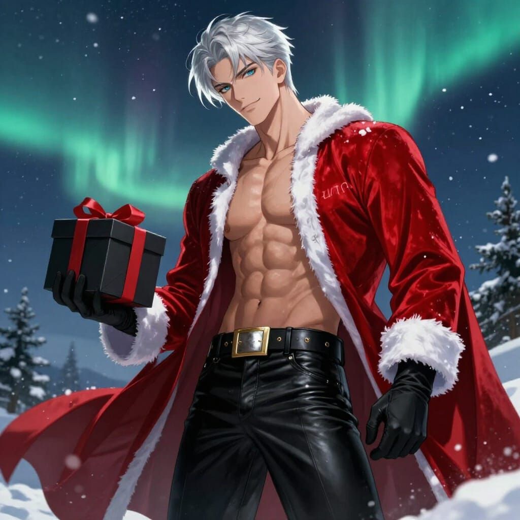 Young Santa Claus in Anime Style with Aurora Borealis