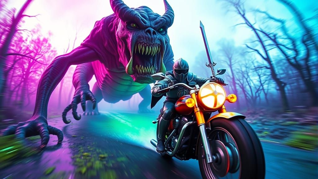 Knight Swordsman Rides Motorcycle Towards Swamp Monster