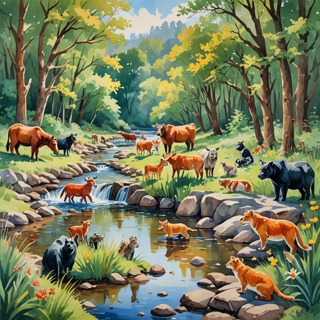 Creek Scene in Gouache Impressionist Style