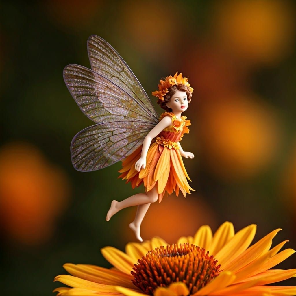 Miniature Autumn Fairy Hovering Over Flower