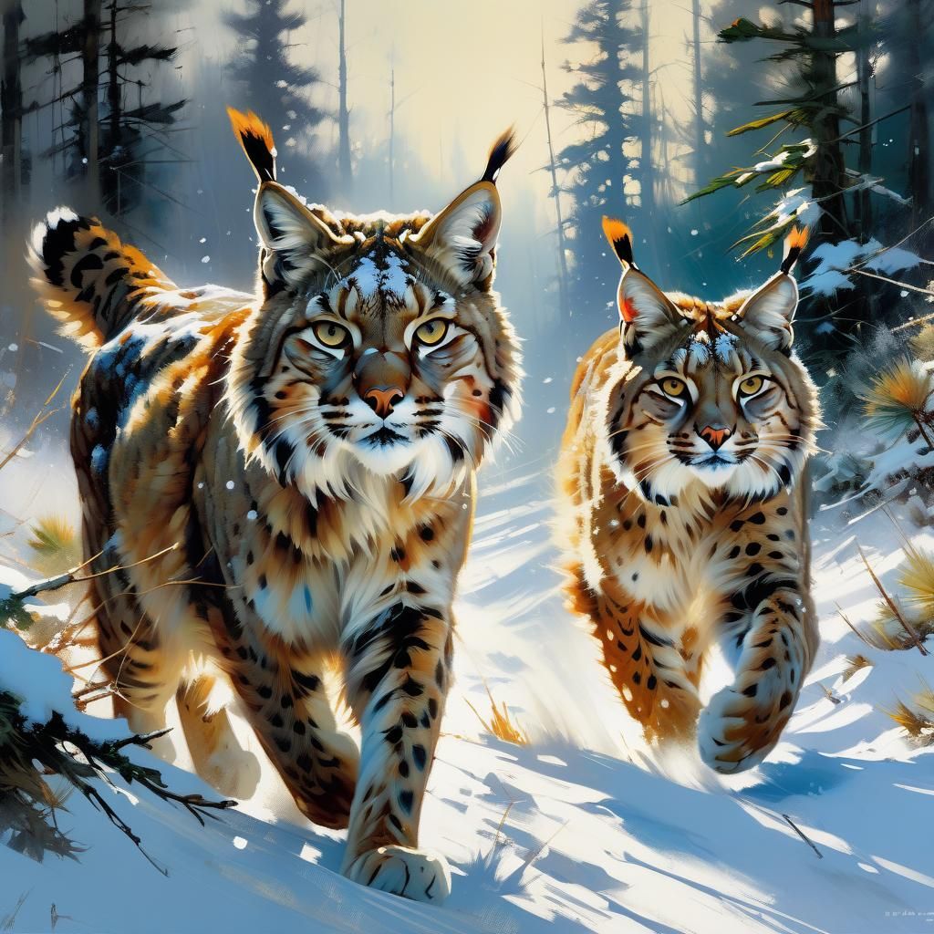Bobcats in Winter Forest: Detailed Matte Painting