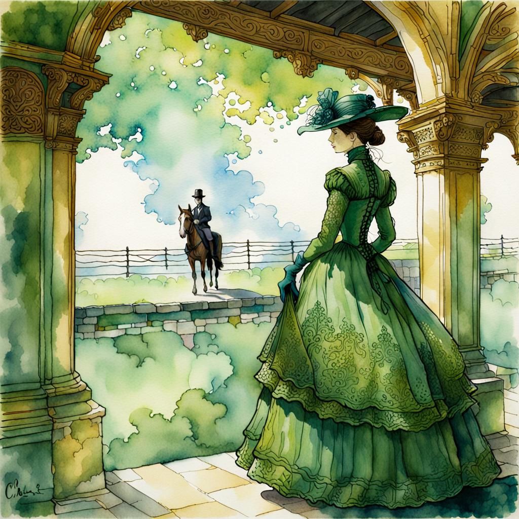 Fair Lady Riding Horse in Watercolour Inksplash Style