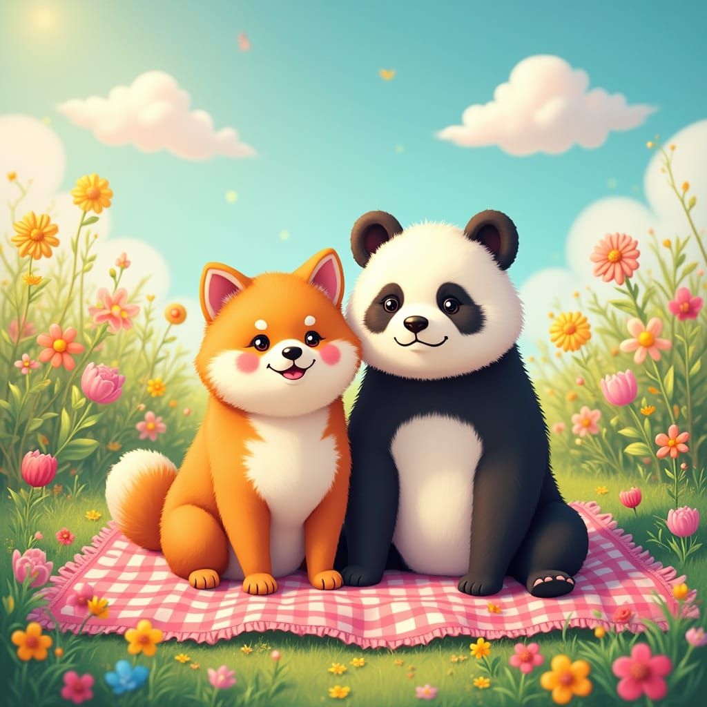 Shiba Inu and Panda Picnic in Candy Art Style