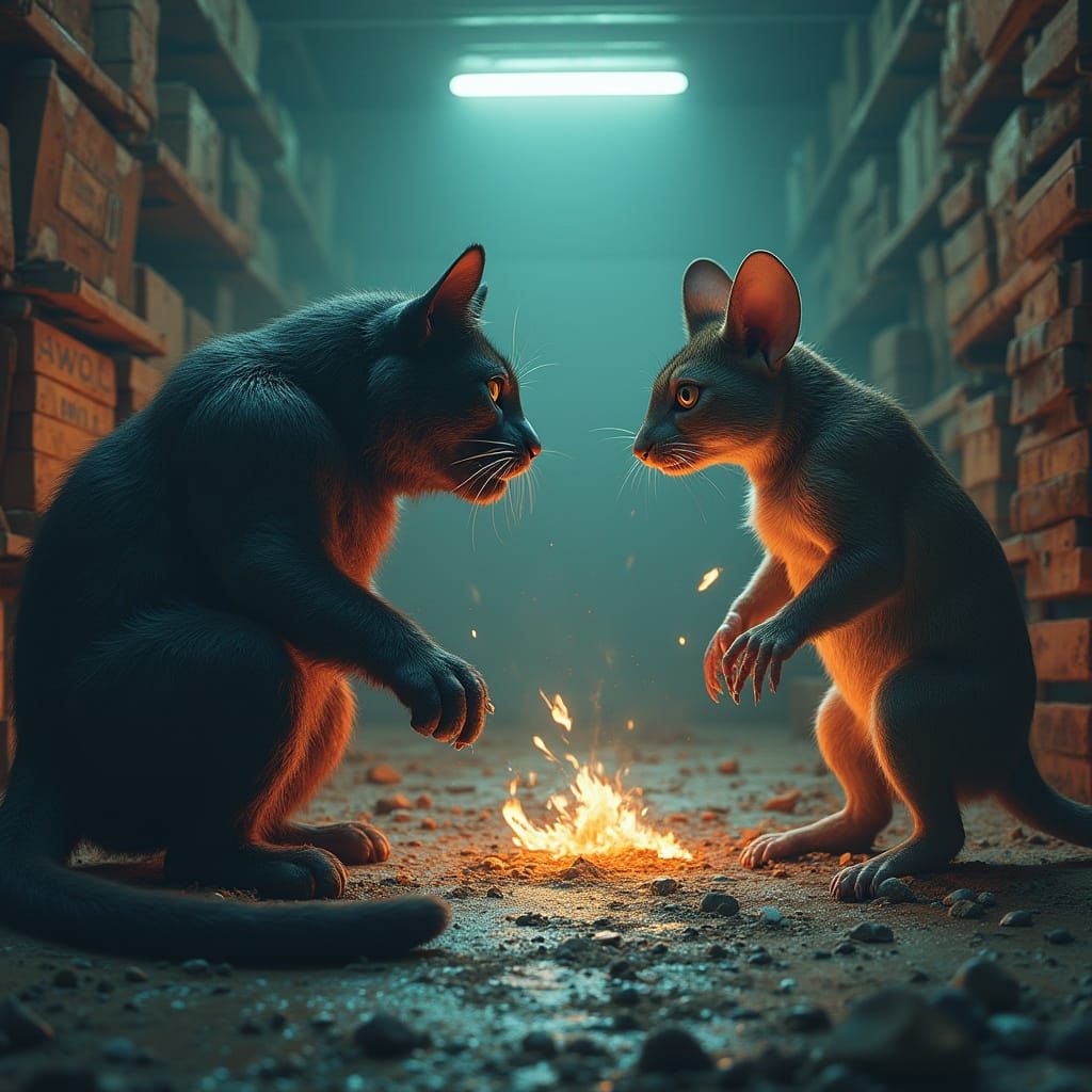 Cyberpunk Feline Showdown in a Gritty Warehouse