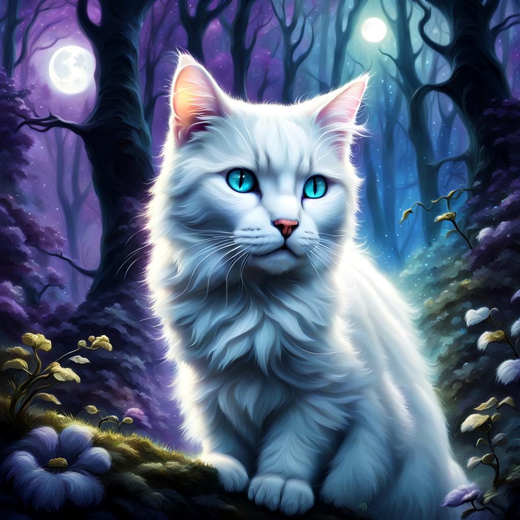 Enchanted Forest Cat in Moonlit Fantasy Art