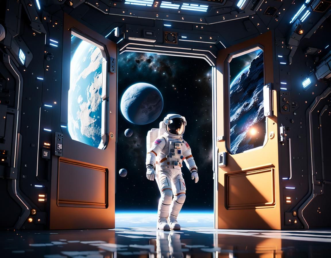 Astronaut and Doorway in Deep Space: 3D Game Art