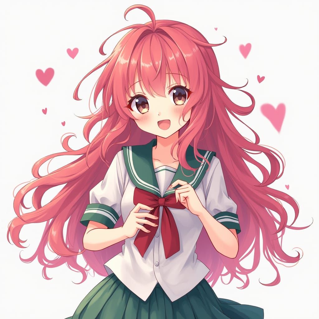 Anime Schoolgirl with Pink Hair in Digital Watercolor Style