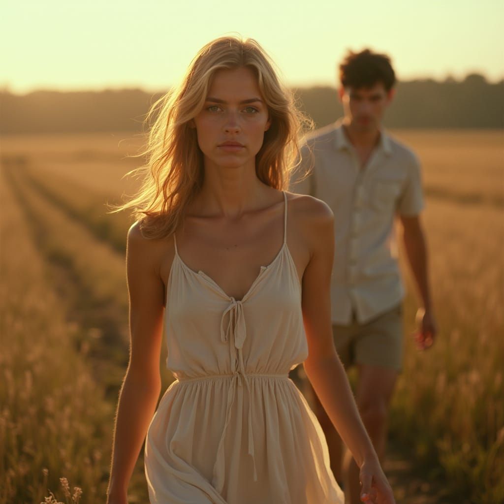 Young Woman's Farewell in Golden Hour Light