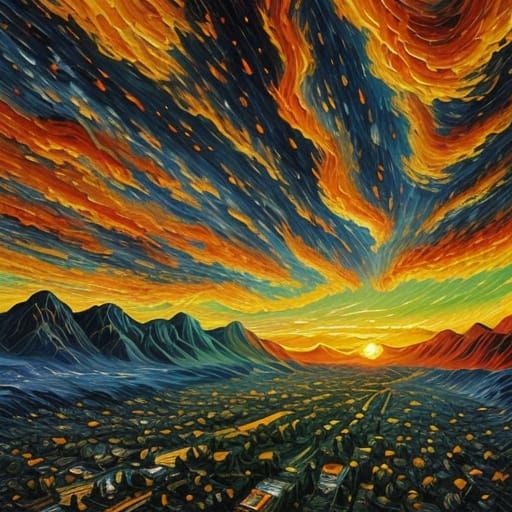 Surreal Red Fiery Sunset Landscape in Vibrant Oil Painting S...