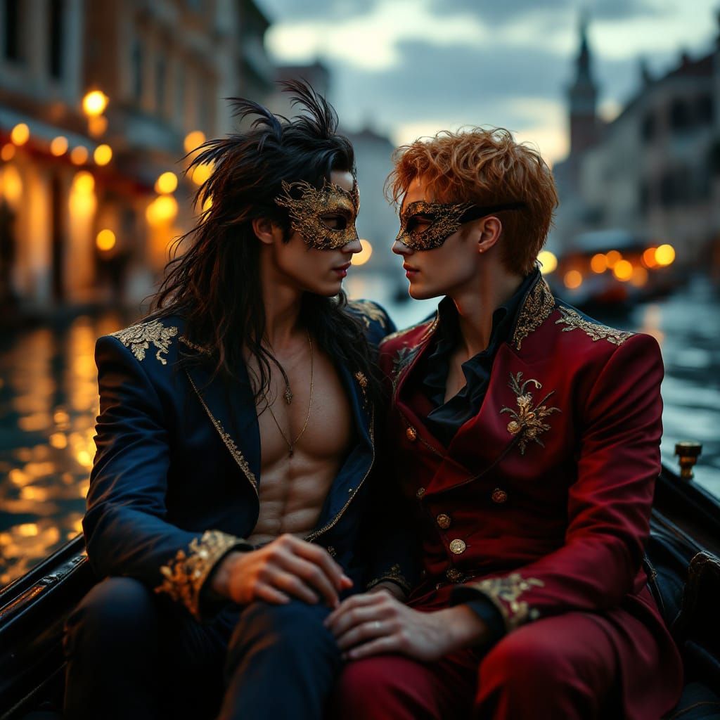 Gay Couple in Venice Gondola at Dusk: Pre-Raphaelite Style