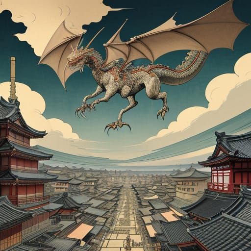 Dragon Soars Over Edo City in Ukiyo-e Style