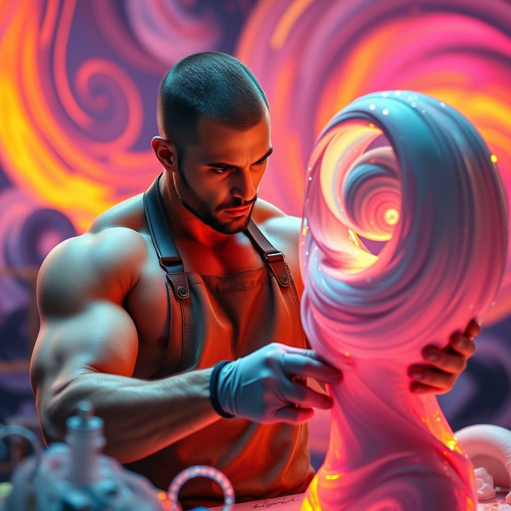 Artist in Futuristic Studio Creates Swirling Abstract Master...